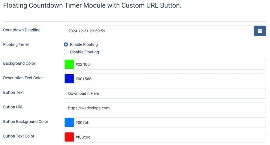 Floating countdown timer module with custom URL button backend settings