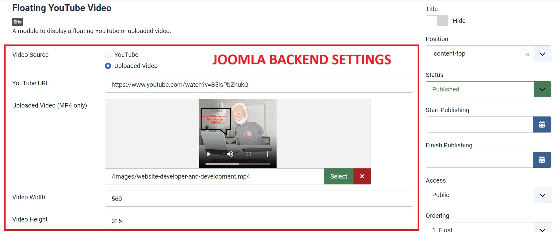 joomla floating youtube video or uploaded video