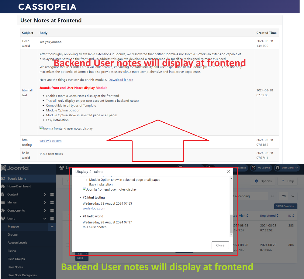 Joomla backend user notes will display on frontend