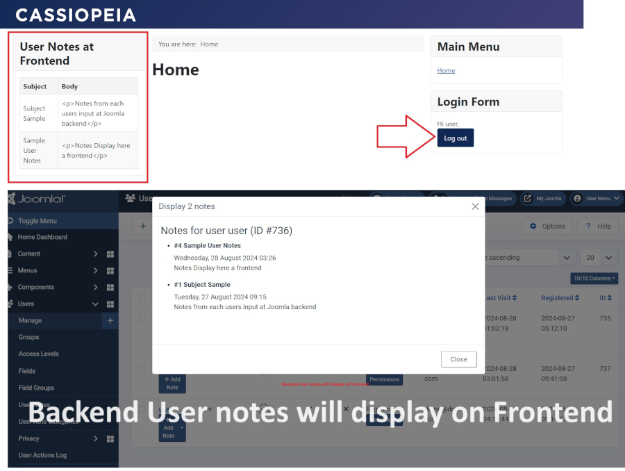 Joomla frontend user notes display