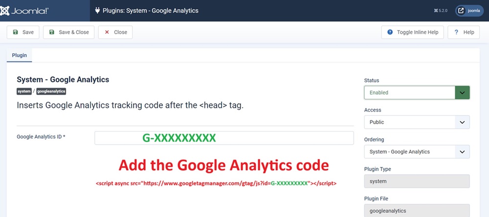 google analytics for Joomla 5 head plugin