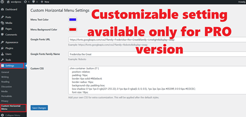 Customizable WordPress Horizontal menu settings for PRO version