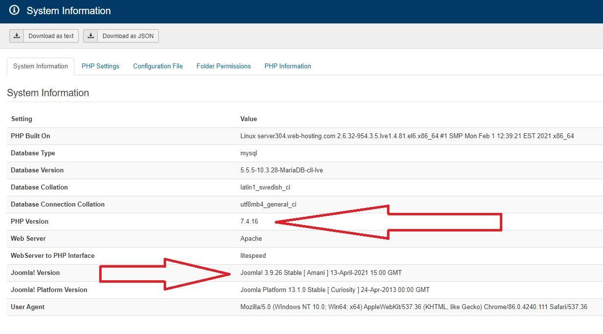 php version 7.4.16 joomla 3.9.26