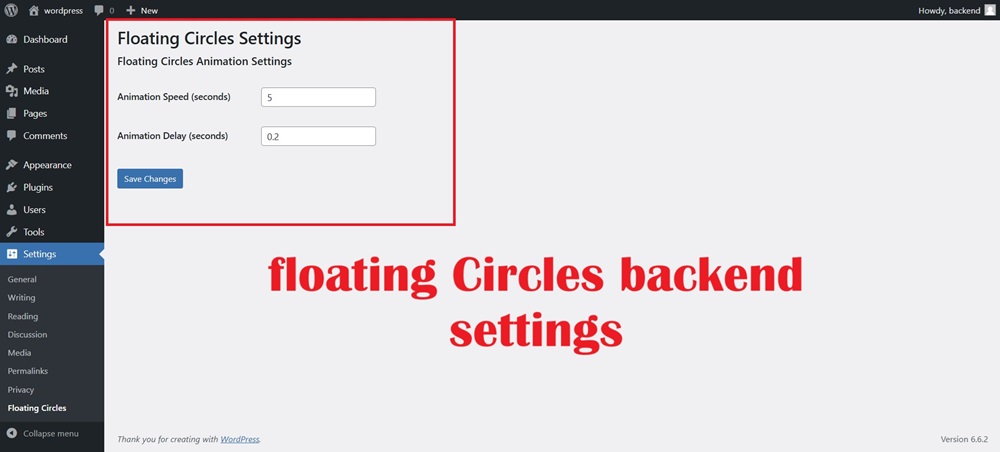 wp floating circles animation on wordpress backend settings