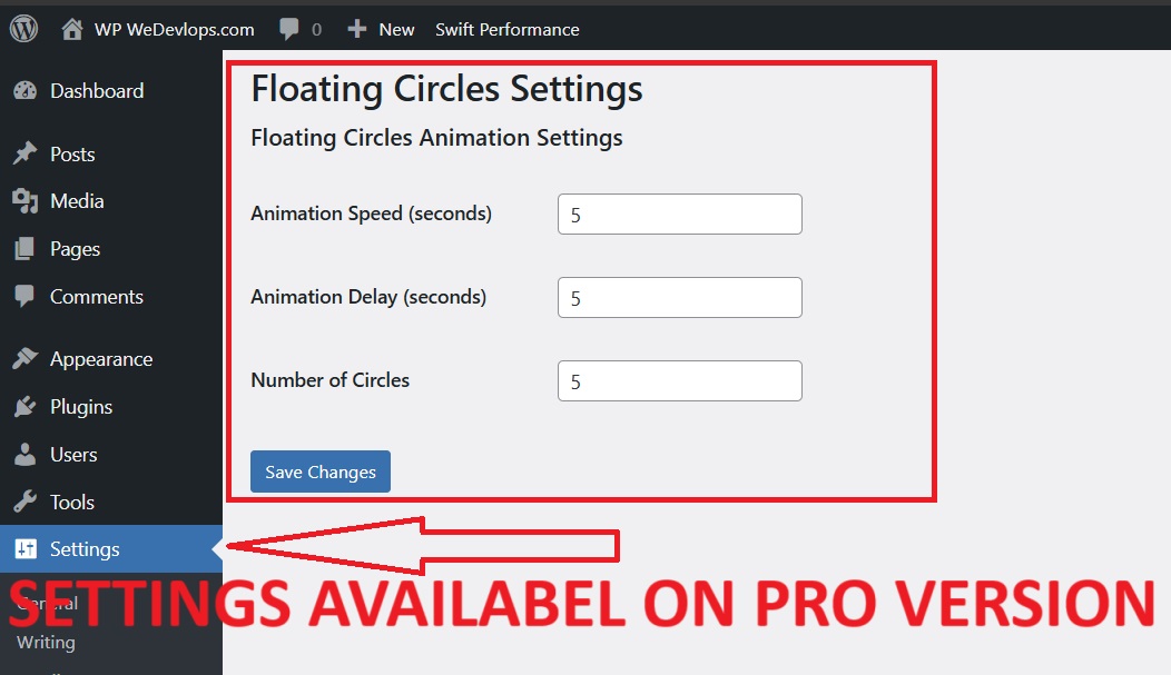 wp floating circles animation on wordpress backend settings PRO version